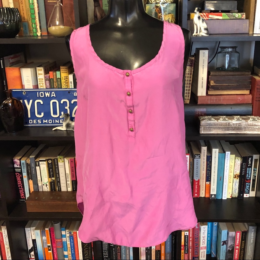 Three Dots Pink Button Front Silk Tank Top